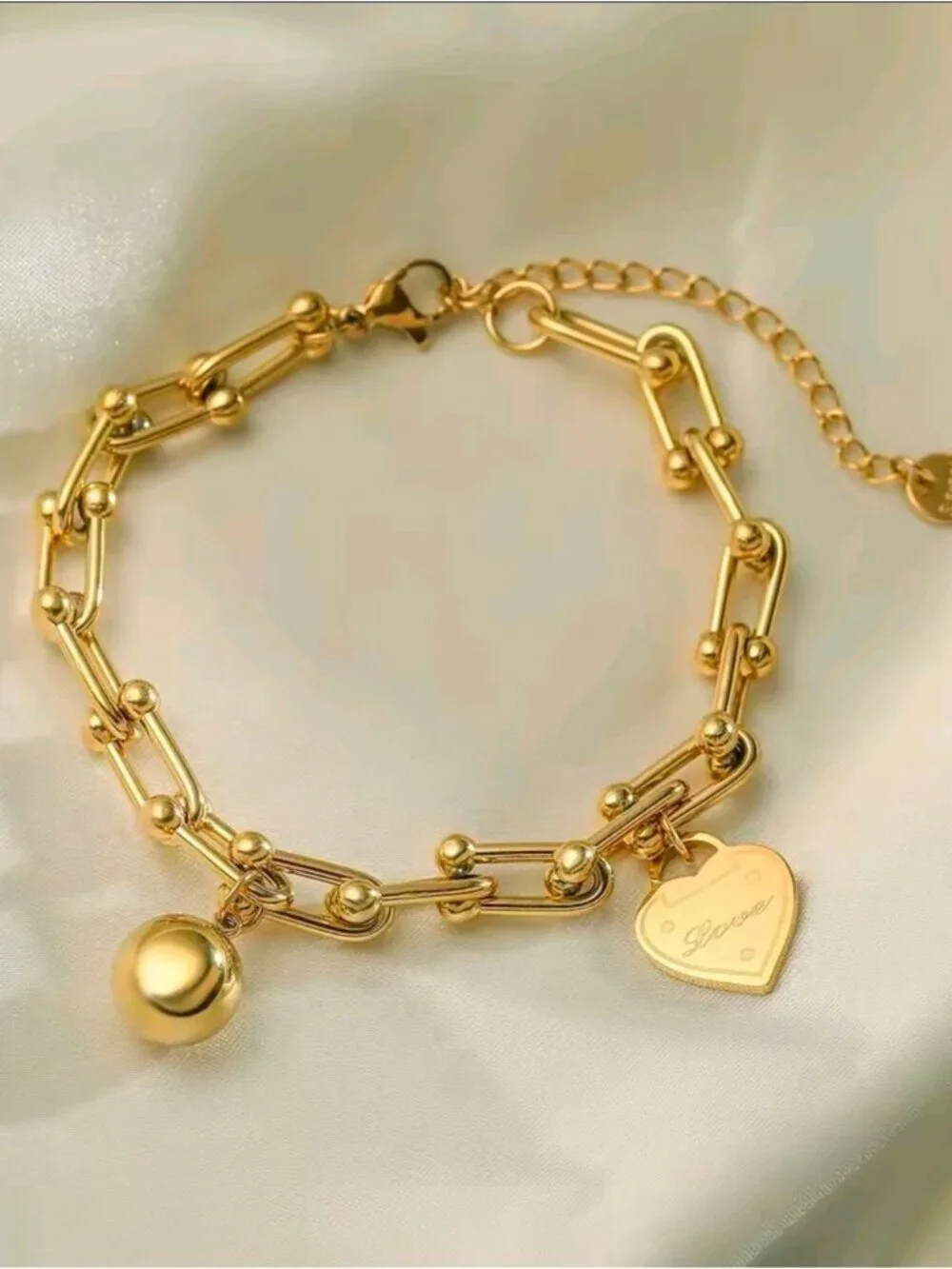 Polished Gold Heart & Sphere Link Bracelet